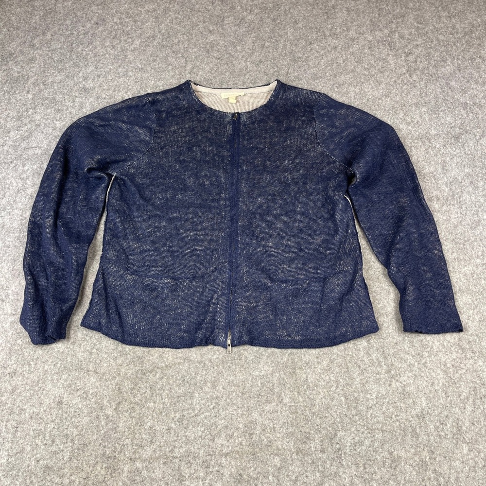 Eileen Fisher Navy Organic Linen Blend Full Zip Cardigan Sweater Womens Medium